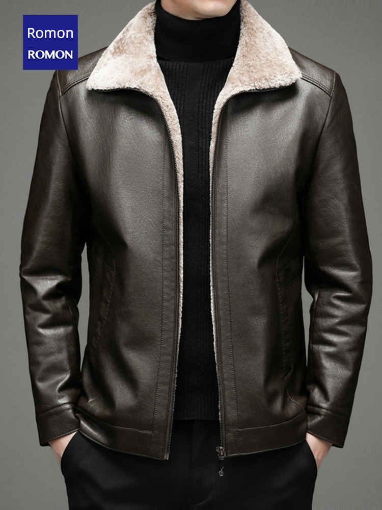 Romon business affairs Flannel collar Jacket loose coat man leather clothing