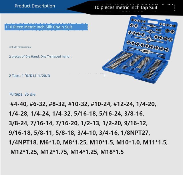 110 pieces metric imperial manual tap plate tooth set set combination bearing steel thread machine round hinge wrench