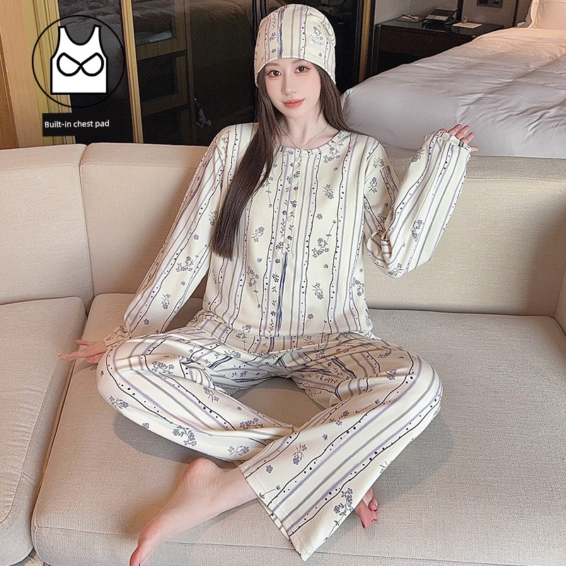 Hat with Chest Pad, Postpartum Clothing, Pure Cotton Nursing Pajamas, Postpartum Maternity Home Wear for Spring, Autumn, and Winter, Can Be Worn Outside — 4