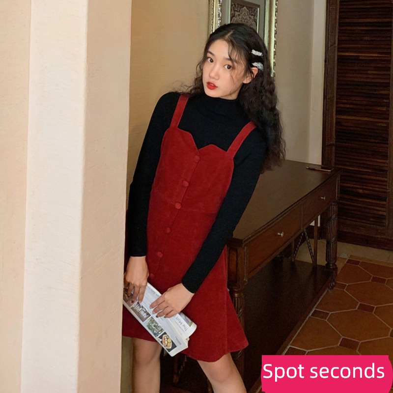 Autumn and winter Retro gules corduroy New year's greetings Dress