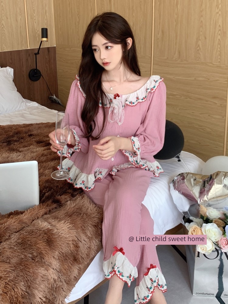 Zhao Lusi Same female pure cotton lace Embroidery pajamas