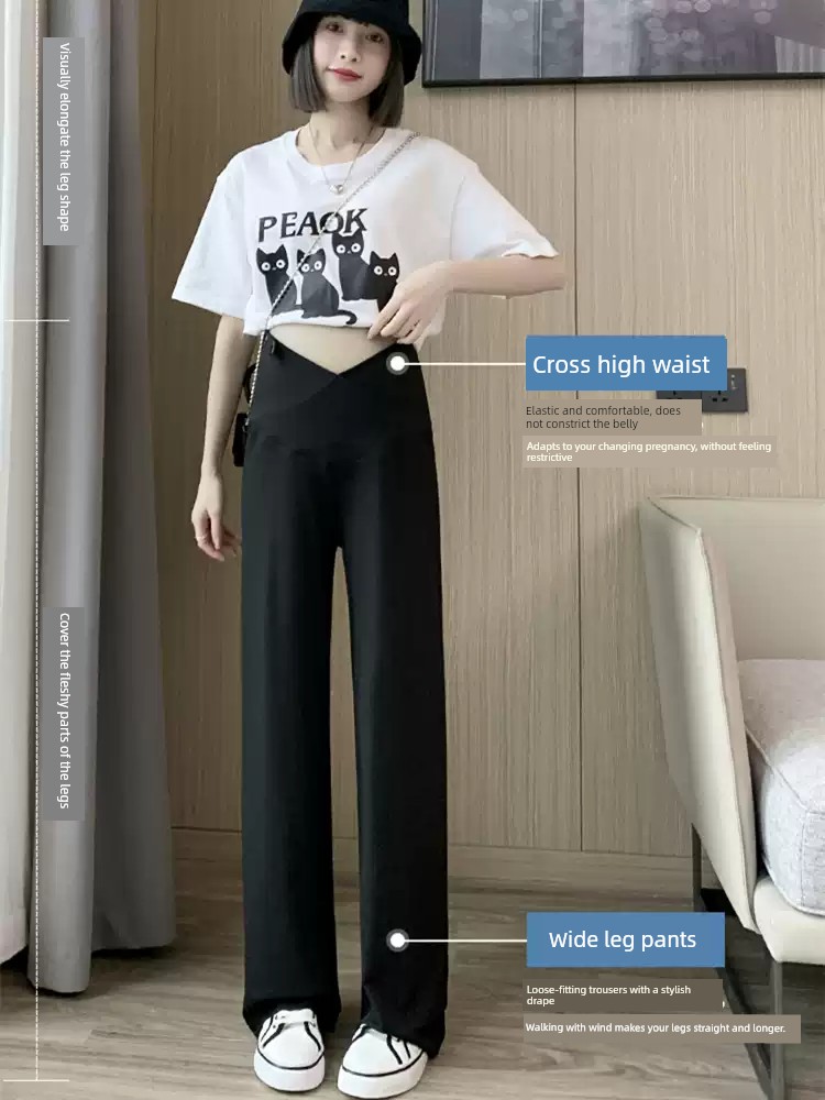 Maternity Pants Ice Silk Summer Thin Wide-Leg Pants Belly Support Straight Casual Pants Plus Size Summer Leggings for Women — 2