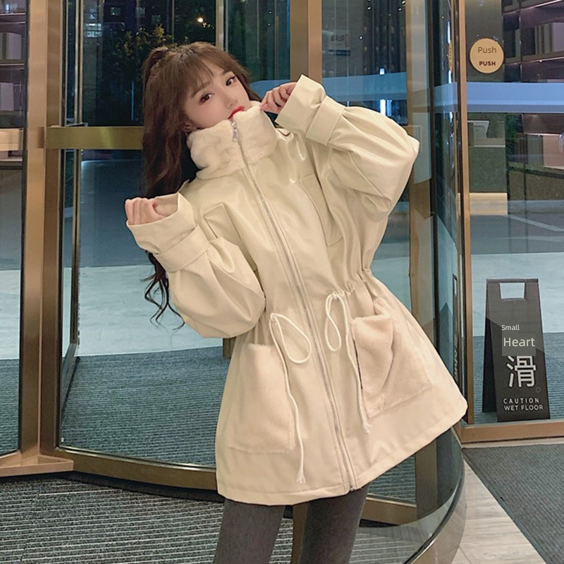 loose coat female Medium and long term Drawstring Close your waist Plush leather clothing