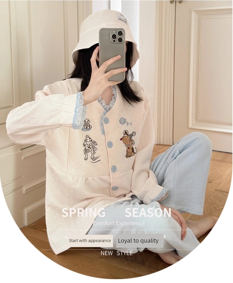 Spring, Autumn, and Winter Maternity Pajamas with Chest Pads, Thickened Air Cotton, No Need to Wear Underwear, Layered Maternity Sleepwear with Hood Set — 1