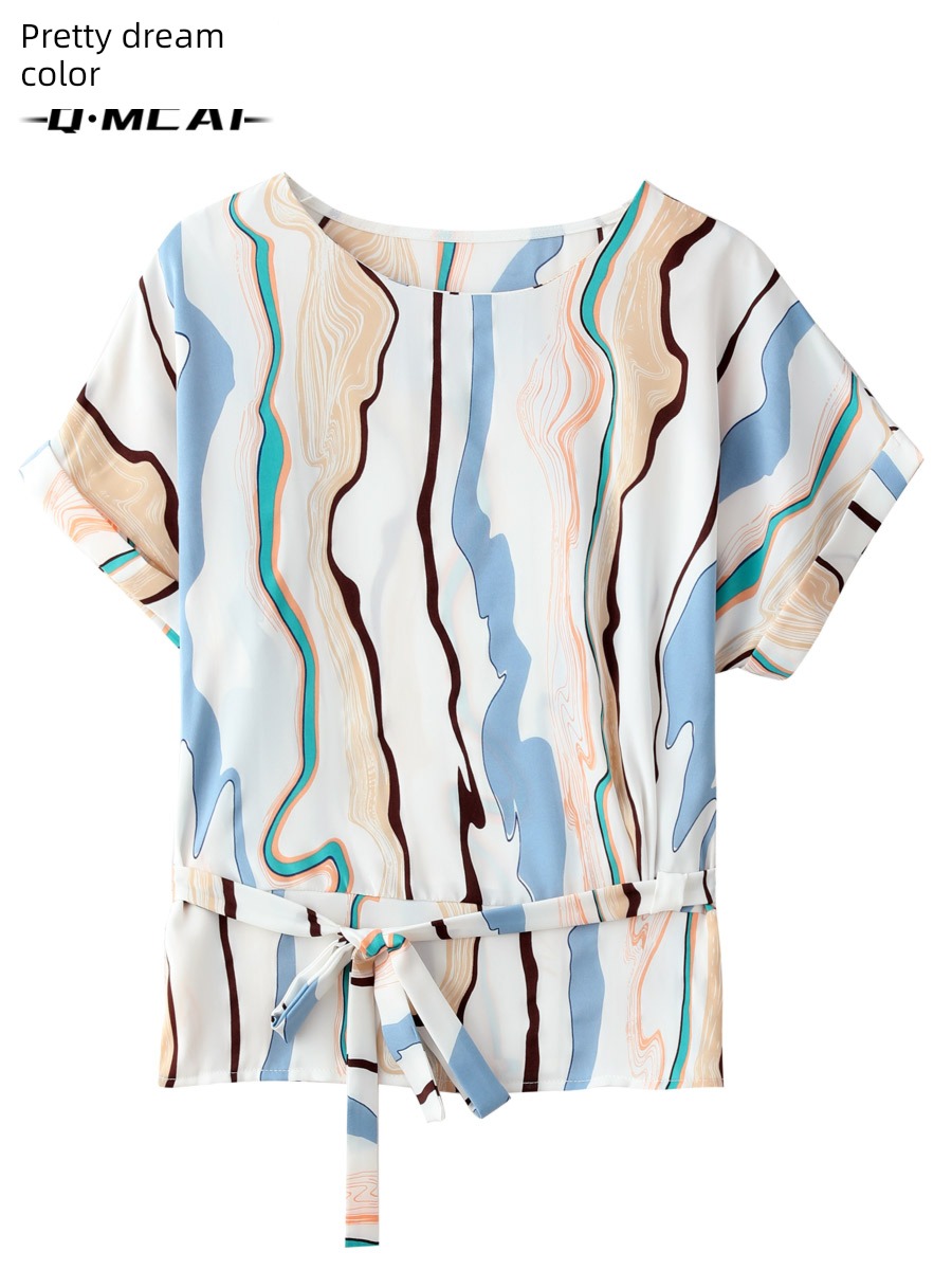 T-shirt Short sleeve Frenulum Chiffon shirt match Wide leg pants silk
