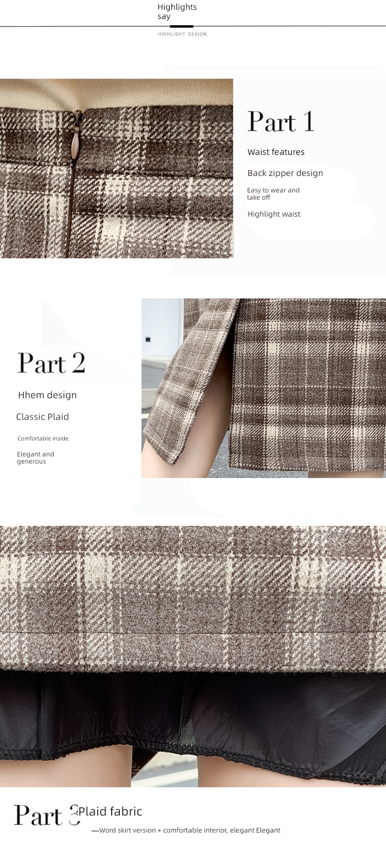 Retro Wool Autumn and winter Medium and long term Check pattern skirt