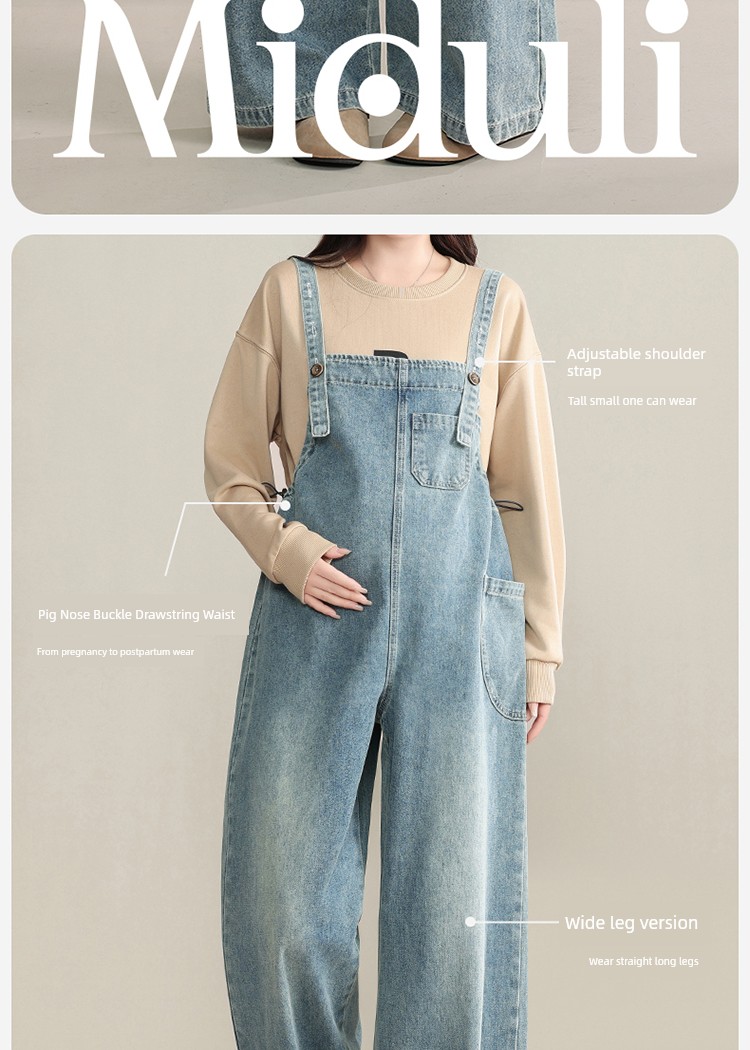 Maternity Denim Overalls That Don'T Squeeze the Belly, Loose-Fitting Plus-Size Pants for Autumn, Age-Reducing Wide-Leg Pants for Pregnant Women, Fall Wear — 3