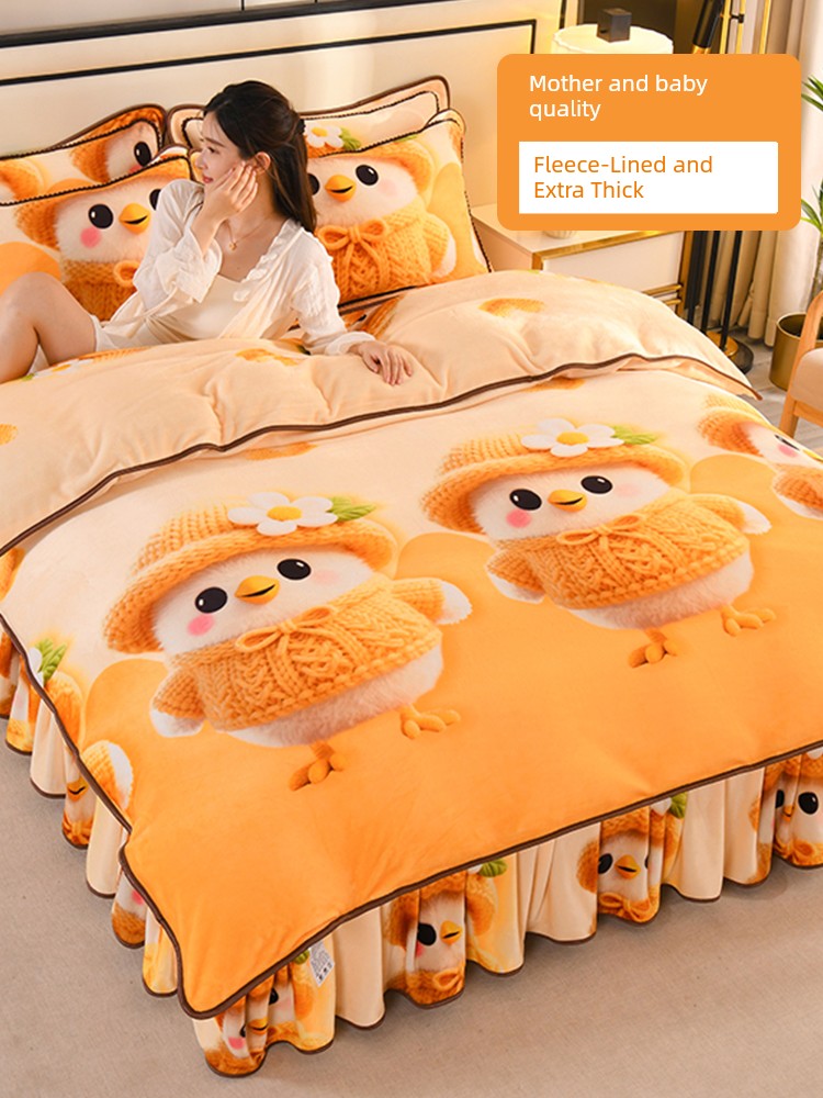 Cartoon Cute Milk Velvet Duvet Cover Single Piece Winter Double-Sided Thickened Baby Coral Velvet Student Single Duvet Cover 1.5m
