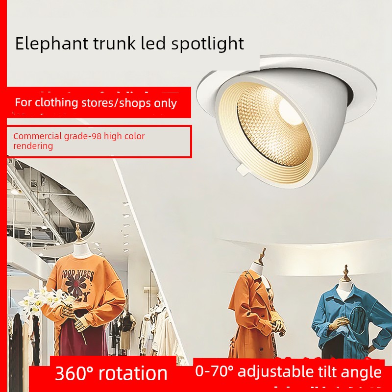Led Elephant Trunk Light Recessed Spotlight for Clothing Stores, High Color Rendering, Anti-Glare, Adjustable Angle, 75mm Opening
