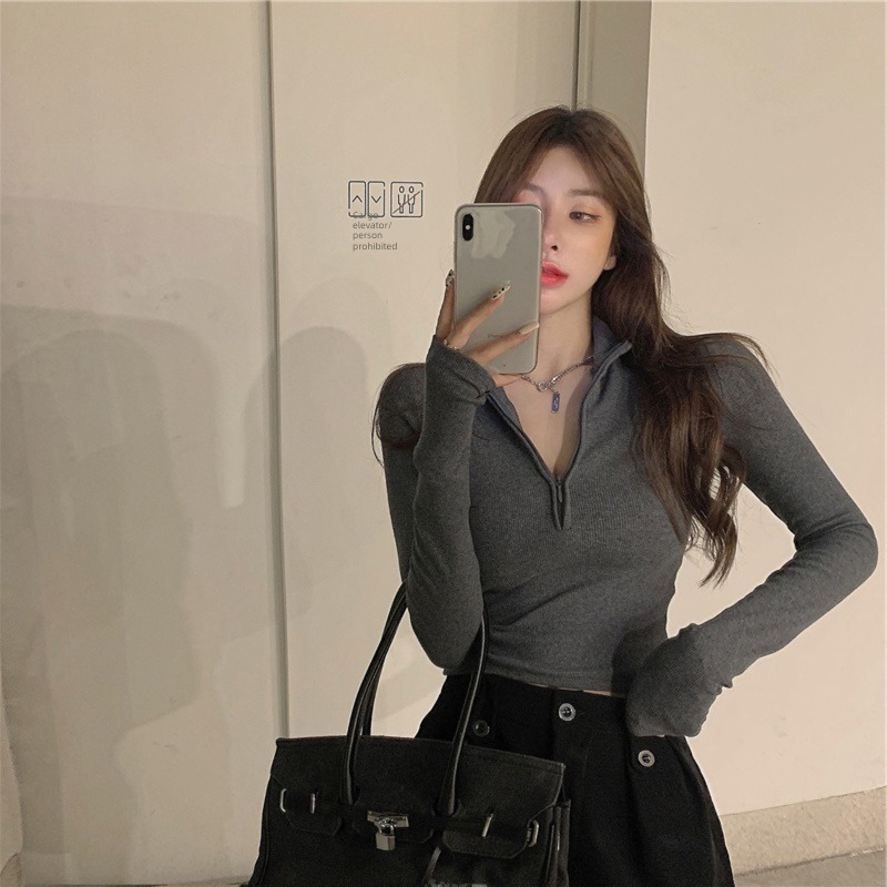 Autumn and winter zipper Long sleeve Self-cultivation Exposed navel jacket Undershirt