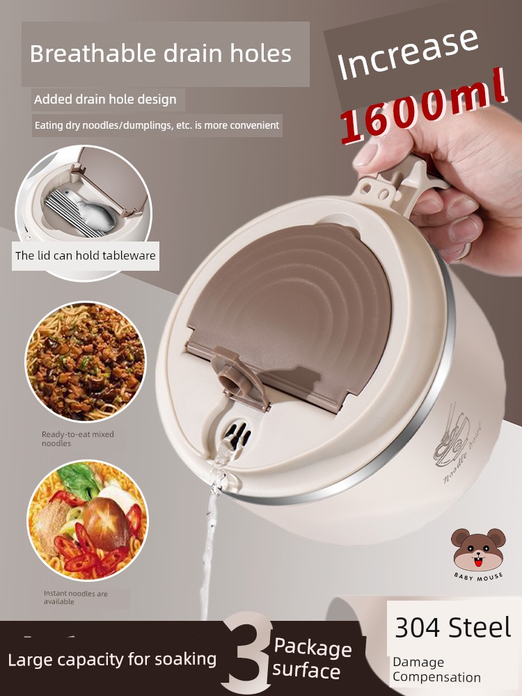 304 Stainless Steel Instant Noodle Bowl with Lid Large Capacity Water Filter Student Dormitory Instant Noodles Accessories Work Canteen Lunch Box