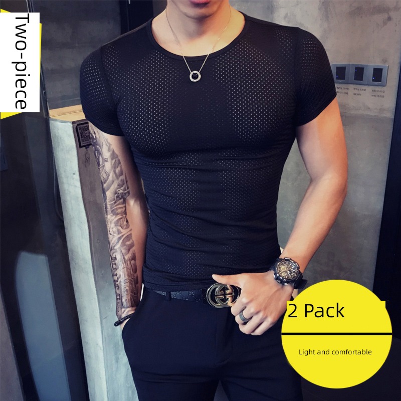 tide man Bodybuilding motion Hollow out Ice silk Short sleeve T-shirt