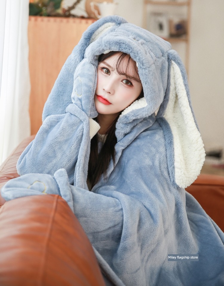 thickening Lazy man lovely rabbit Hooded Autumn and winter Nap blanket