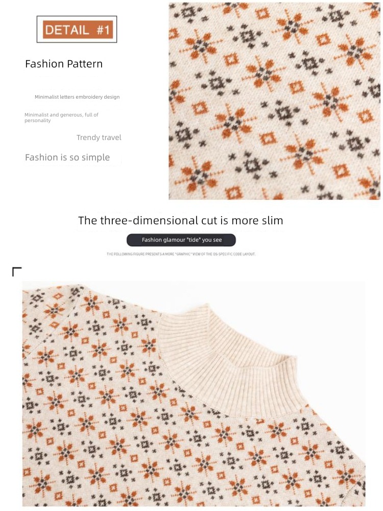 Half high collar Floral  sweater Inner lap Wear out Cashmere sweater