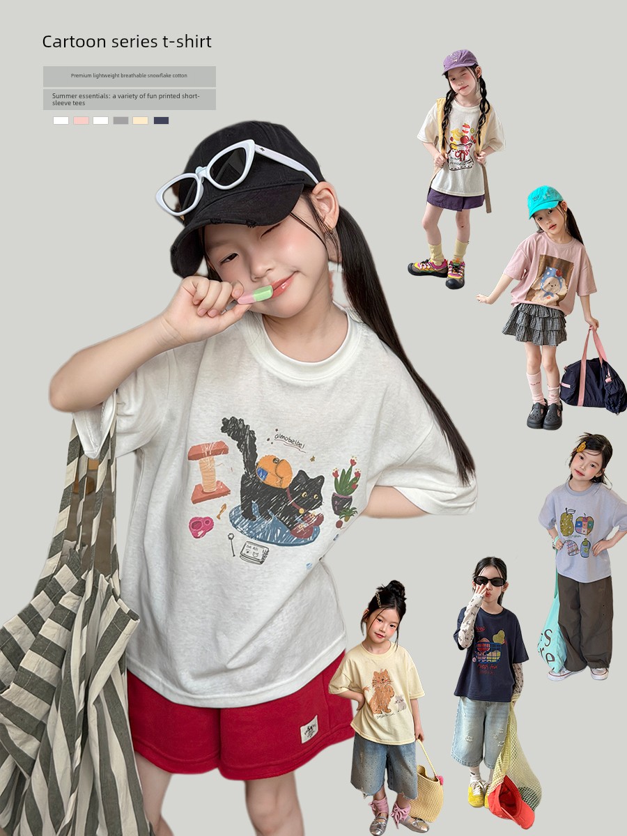 Elmo Baby Girls' Lightweight Breathable Snowflake Cotton Cartoon Short Sleeve T-Shirt Children's Cool Base Layer Baby Top