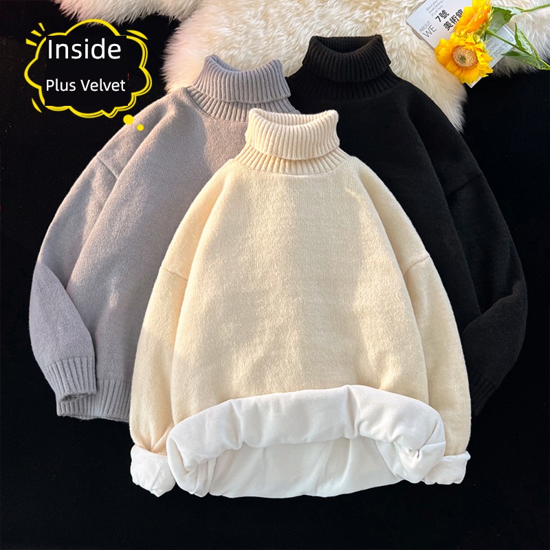 High collar sweater male Winter money Plush solar system Lazy wind Retro Thick and solid Inner lap Sweater lovers loose coat Advanced sense
