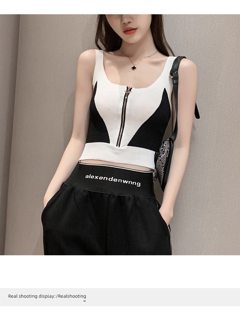Retro Color contrast Exposed navel camisole Sleeveless jacket Vest