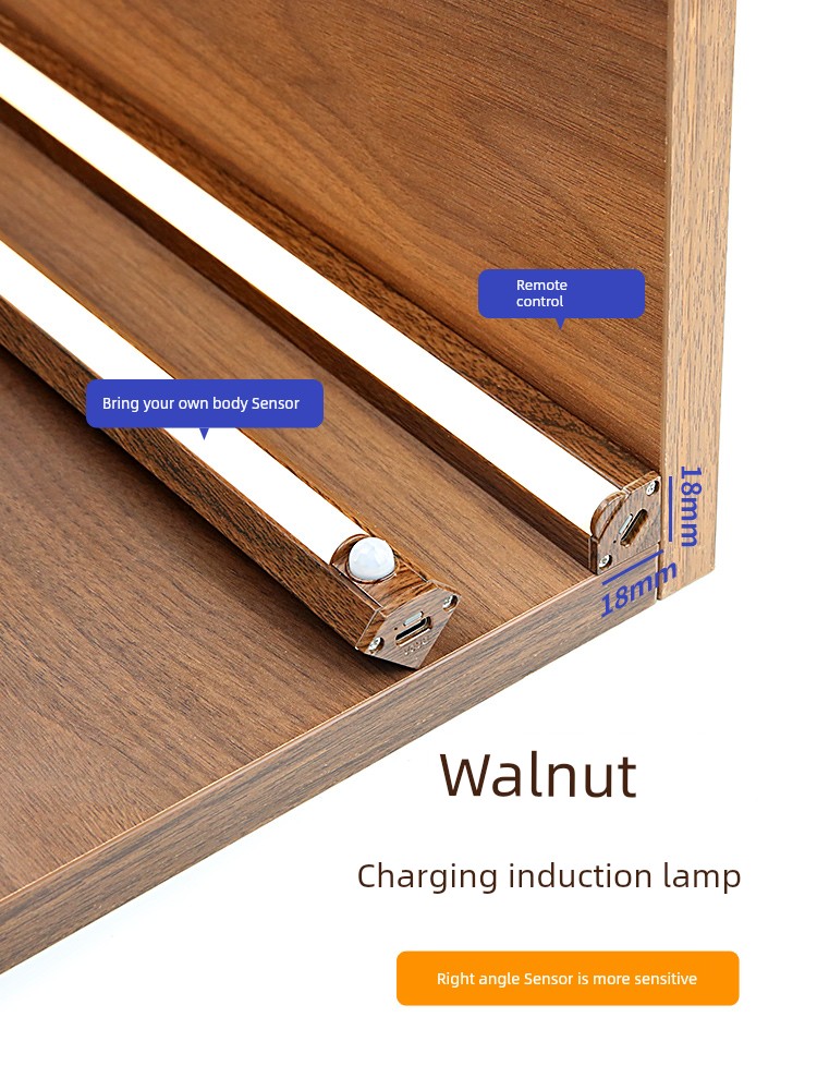 LED Light Strip Self-Adhesive Sensor Wireless Walnut Color Wardrobe Display Cabinet Lintel Light Bar Magnetic Charging Cabinet Light