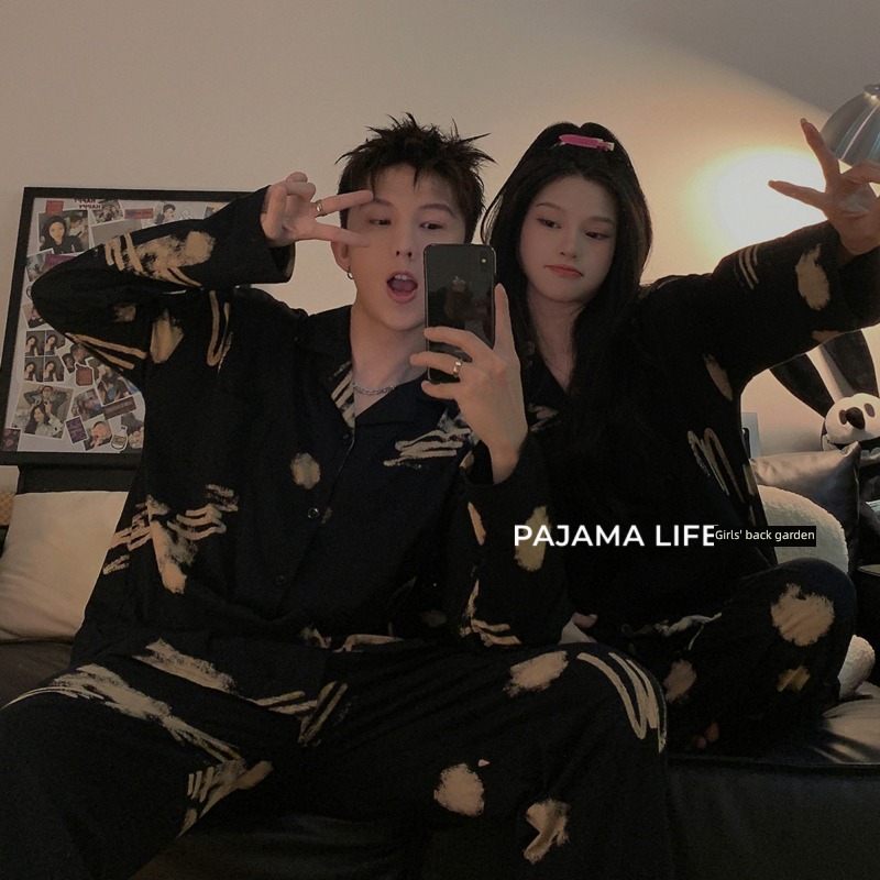 Internet celebrity the republic of korea ins black female pure cotton lovers pajamas