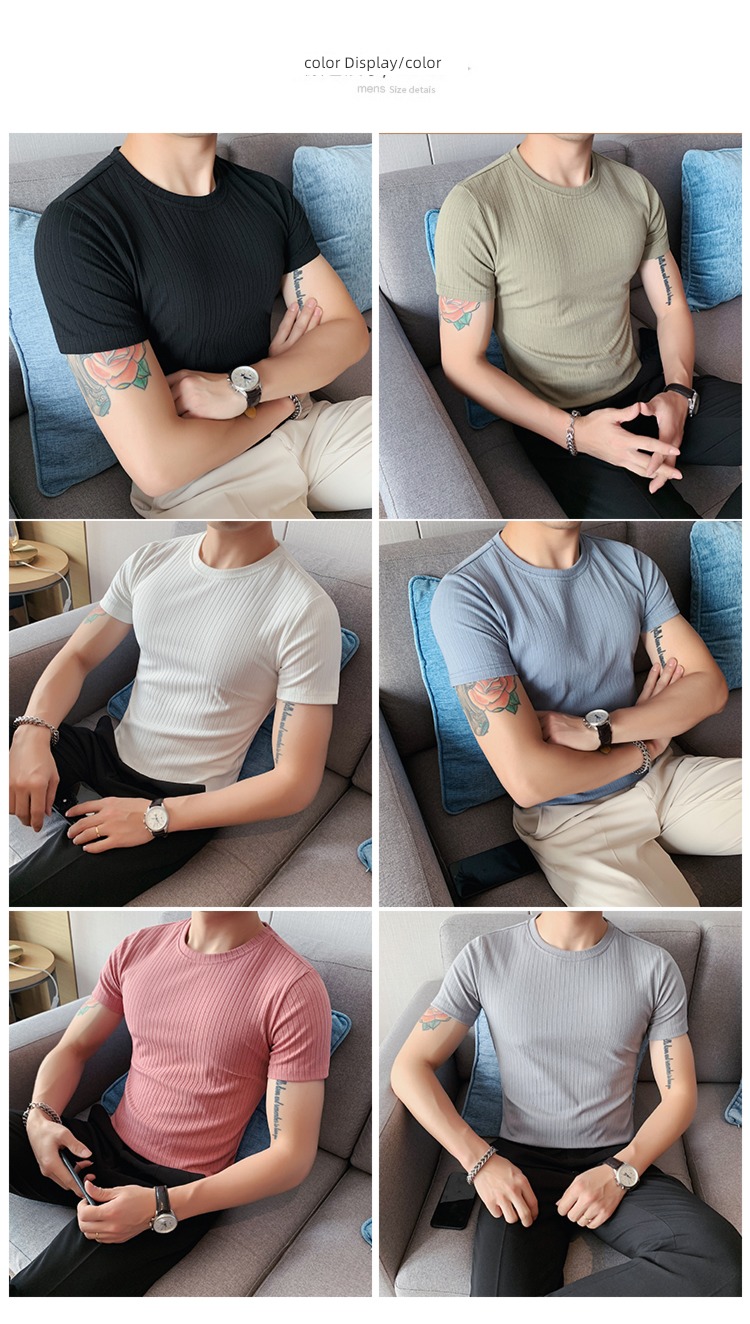 Korean version Vertical stripe Short sleeve stylish guy Tight fitting Undershirt
