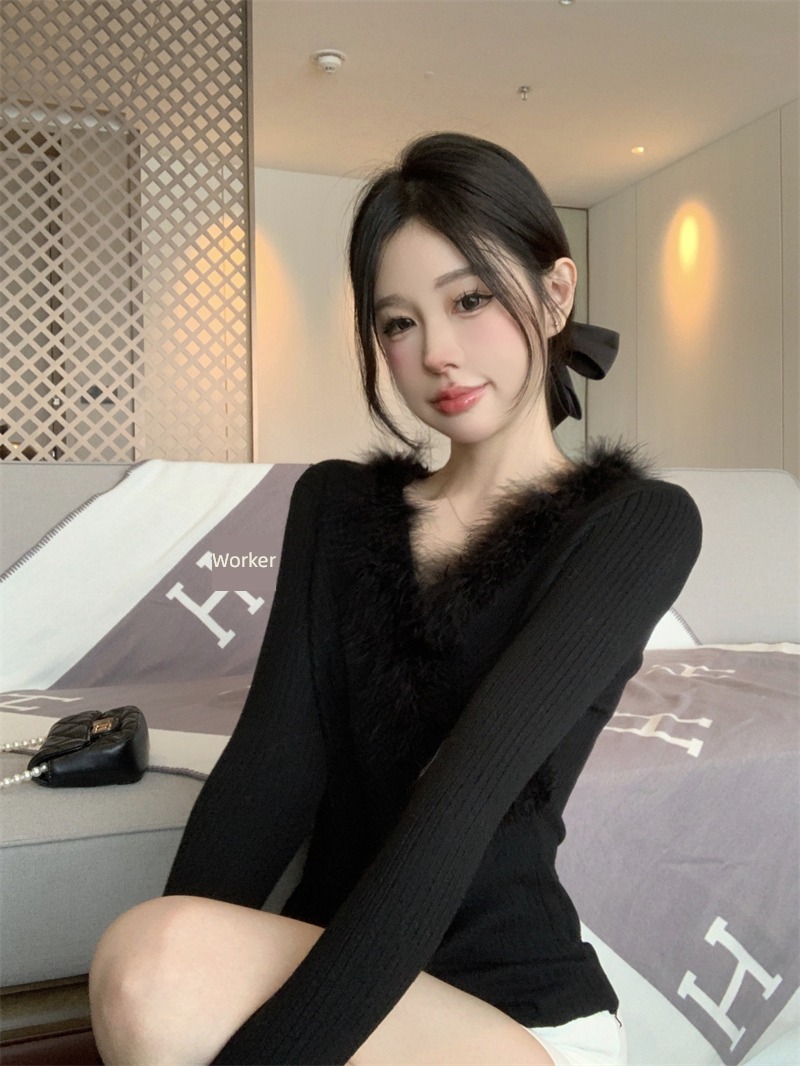 overlapping V-collar Maomao Self-cultivation Show thin temperament Sweater