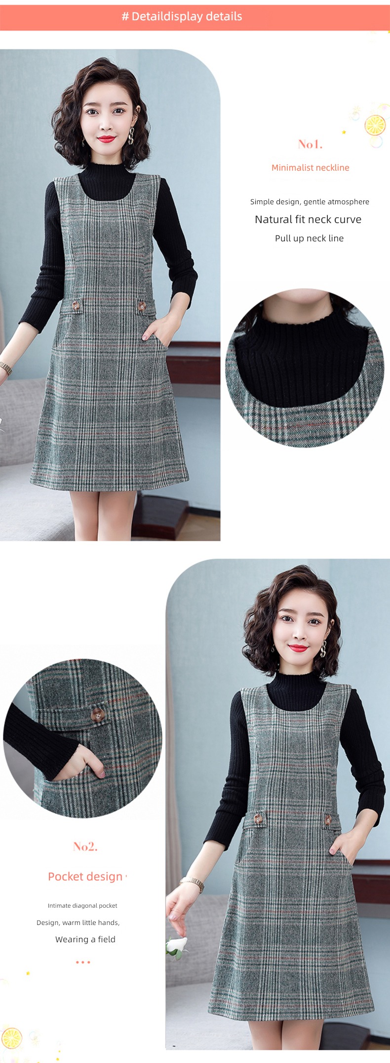 Autumn and winter Sleeveless Wool lattice Mother dress Dress