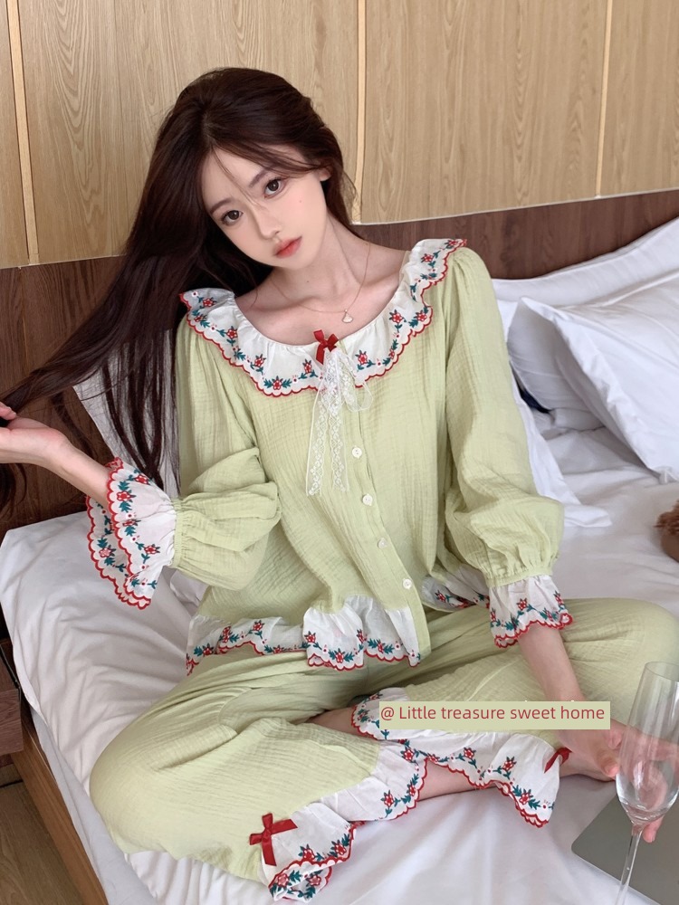 Zhao Lusi Same female pure cotton lace Embroidery pajamas