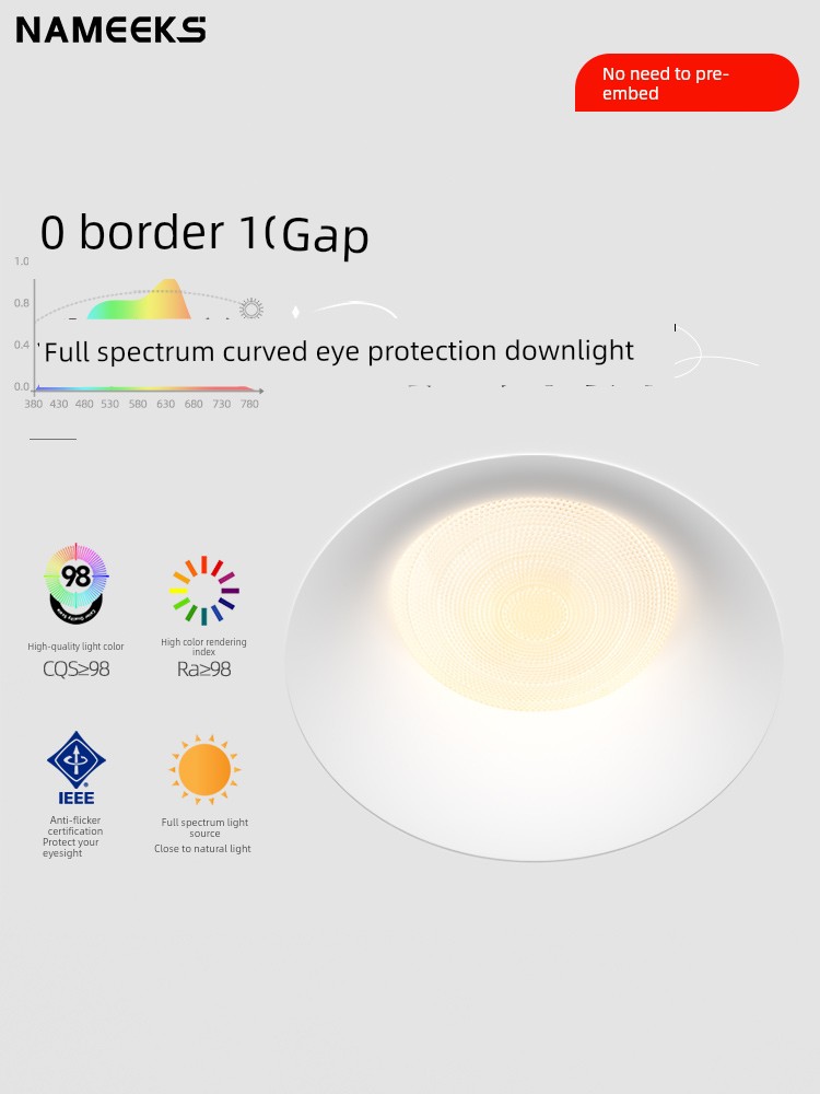 Full-Spectrum Eye-Protection Frameless Downlight for Home Living Room Led Embedded 75mm Anti-Glare Ceiling Light