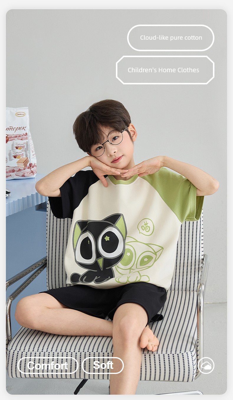 Boys' Summer Pajamas, Thin Pure Cotton Short-Sleeve, for Older Children, 2026 New Model, All-Cotton for Boys and Teenagers — 2