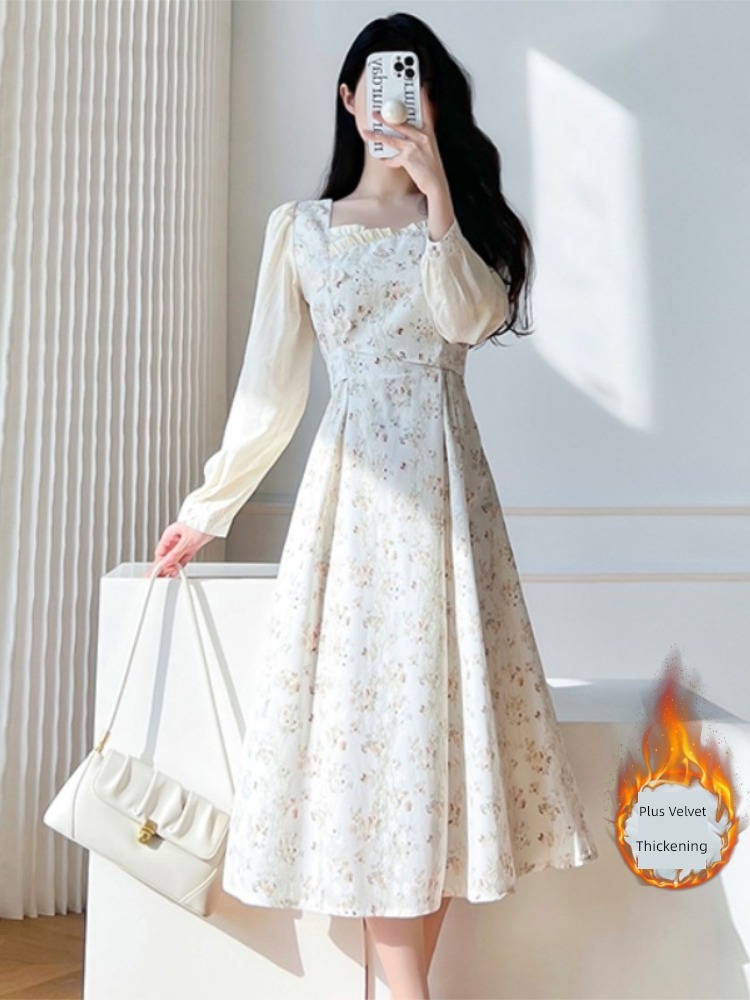 Autumn and winter Tea break Plush thickening Celebrity Broken flower Dress