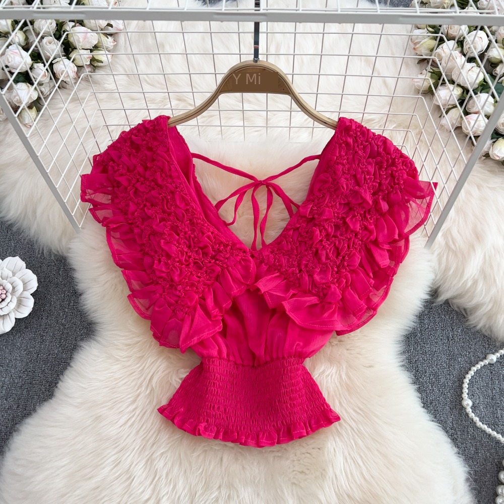 V-neck Flying sleeve backless fold Foreign style Chiffon shirt