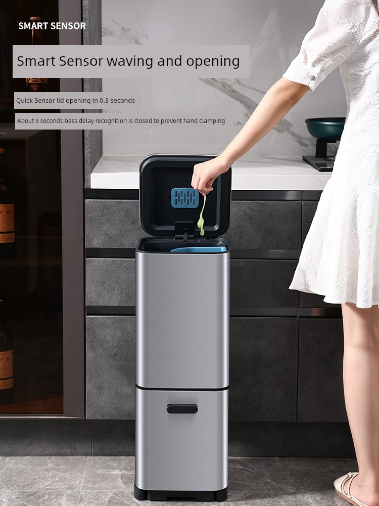 智能感應垃圾桶 家用廚房乾溼分離 不鏽鋼帶蓋雙層大號容量筒
