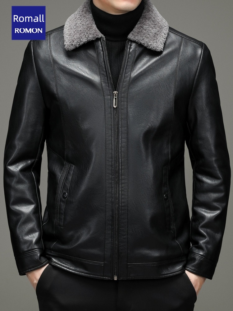 Romon leisure time Dad Costume Flannel collar man leather clothing