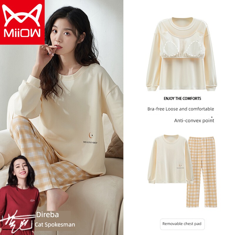 MiiOW  female Spring and Autumn With chest pad pure cotton Long sleeve pajamas