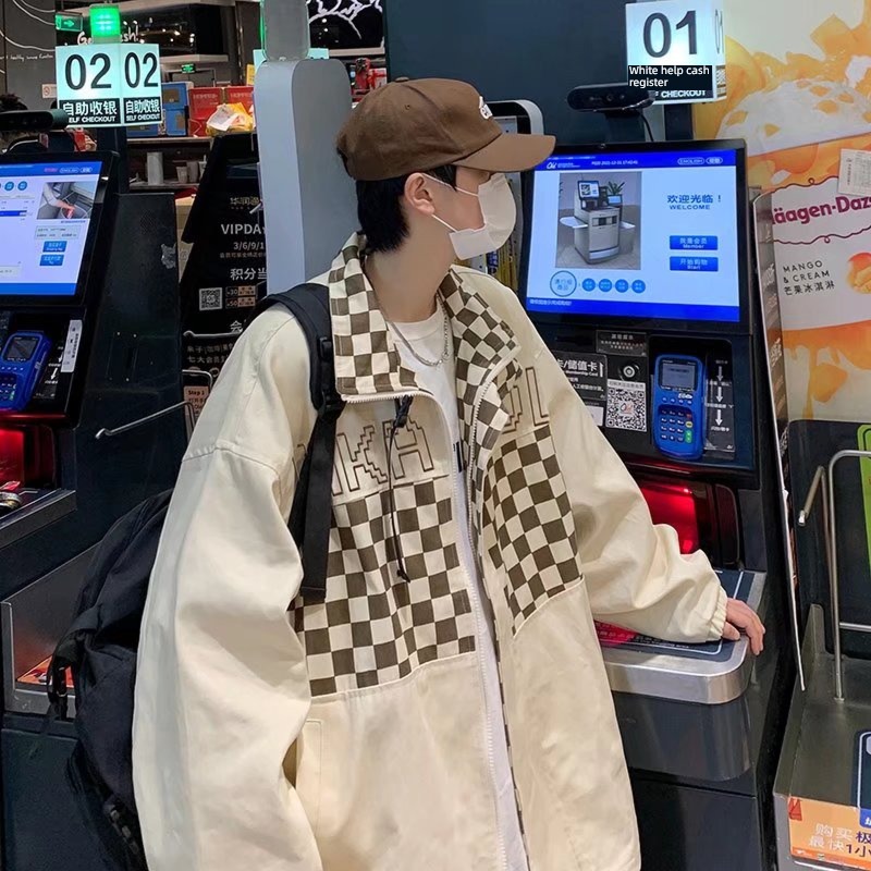 Chaopai American style street Chessboard stand collar easy loose coat