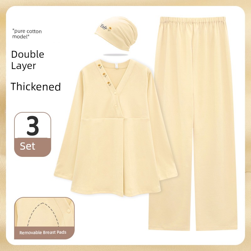 Maternity Pajamas with Breast Pads, Pure Cotton, Sweat-Absorbent, Autumn and Winter Style, Nursing Maternity Sleepwear, Summer Thin Style, Postpartum — 2