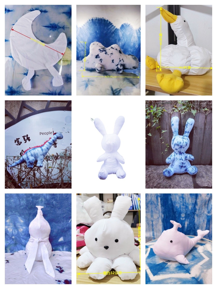 Pure Cotton Plush Rabbit and Dinosaur Dolls, White Blank Pieces for Tie-Dye, Indigo Dyeing, Full Cold Dyeing, Handmade Diy, Includes Tutorial