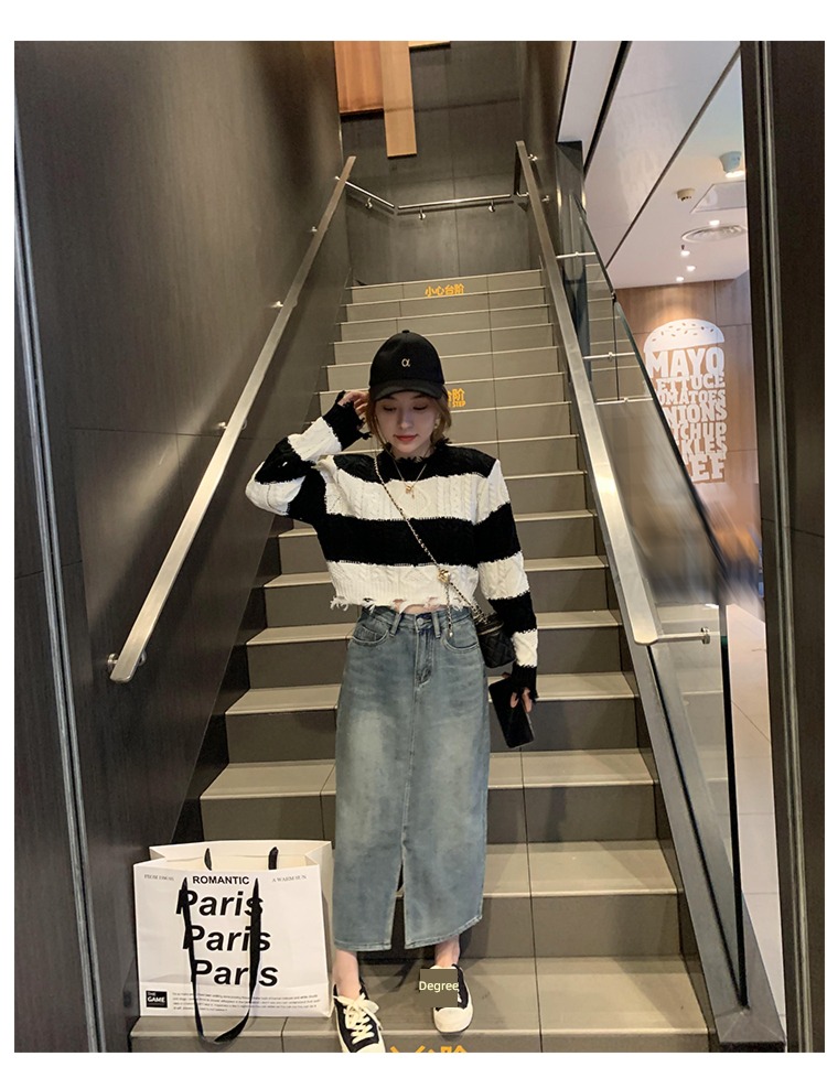 Languid High waist knitting easy Exposed navel Color matching sweater