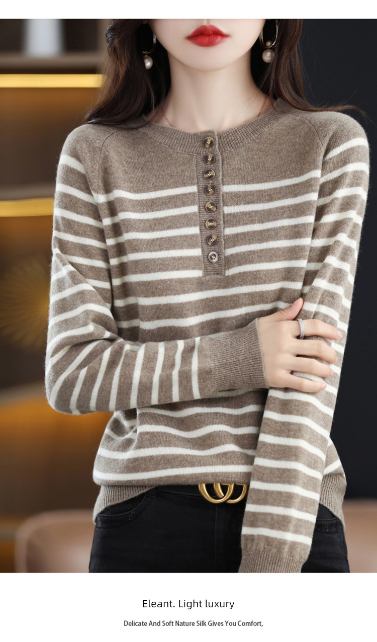 Autumn and winter Inner lap Round neck stripe easy pure cardigan