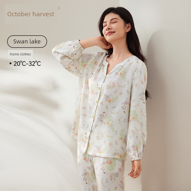 October Crystal Bamboo Cotton Cloud Gauze Maternity Pajamas Homewear Set for Pregnant and Postpartum Women, Nursing Sleepwear, Autumn Style for Women — 4