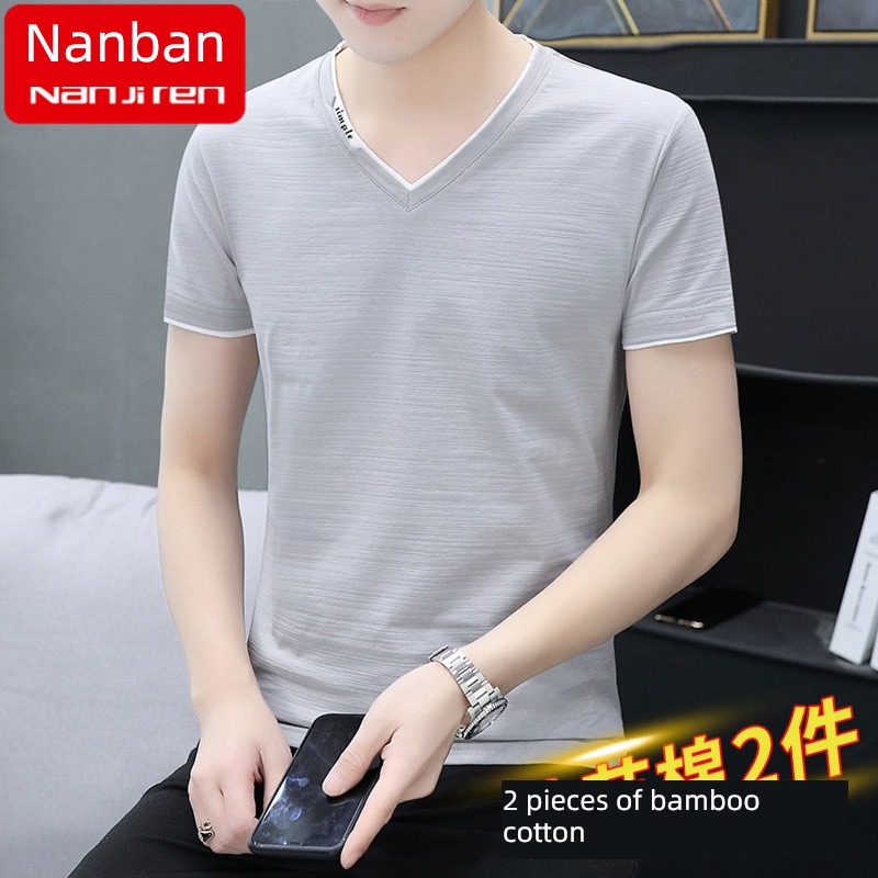 NGGGN man T-shirt V-neck elastic force Fake two Short sleeve