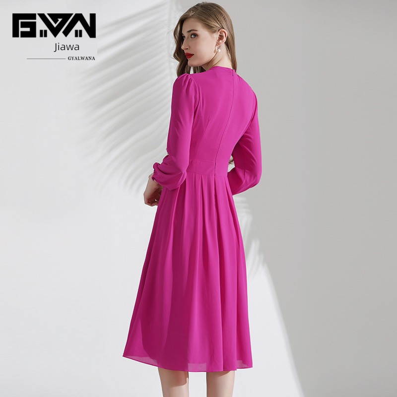 The new rose red Chiffon Self-cultivation Long sleeve Dress