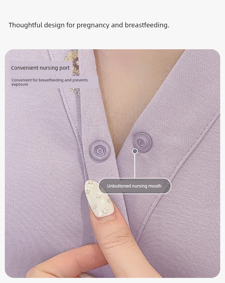 Hat with Chest Pad, Autumn and Winter Maternity Wear, Pure Cotton Nursing Pajamas, Spring and Autumn Postpartum Maternity Wear, Non-Tightening Home Wear — 9