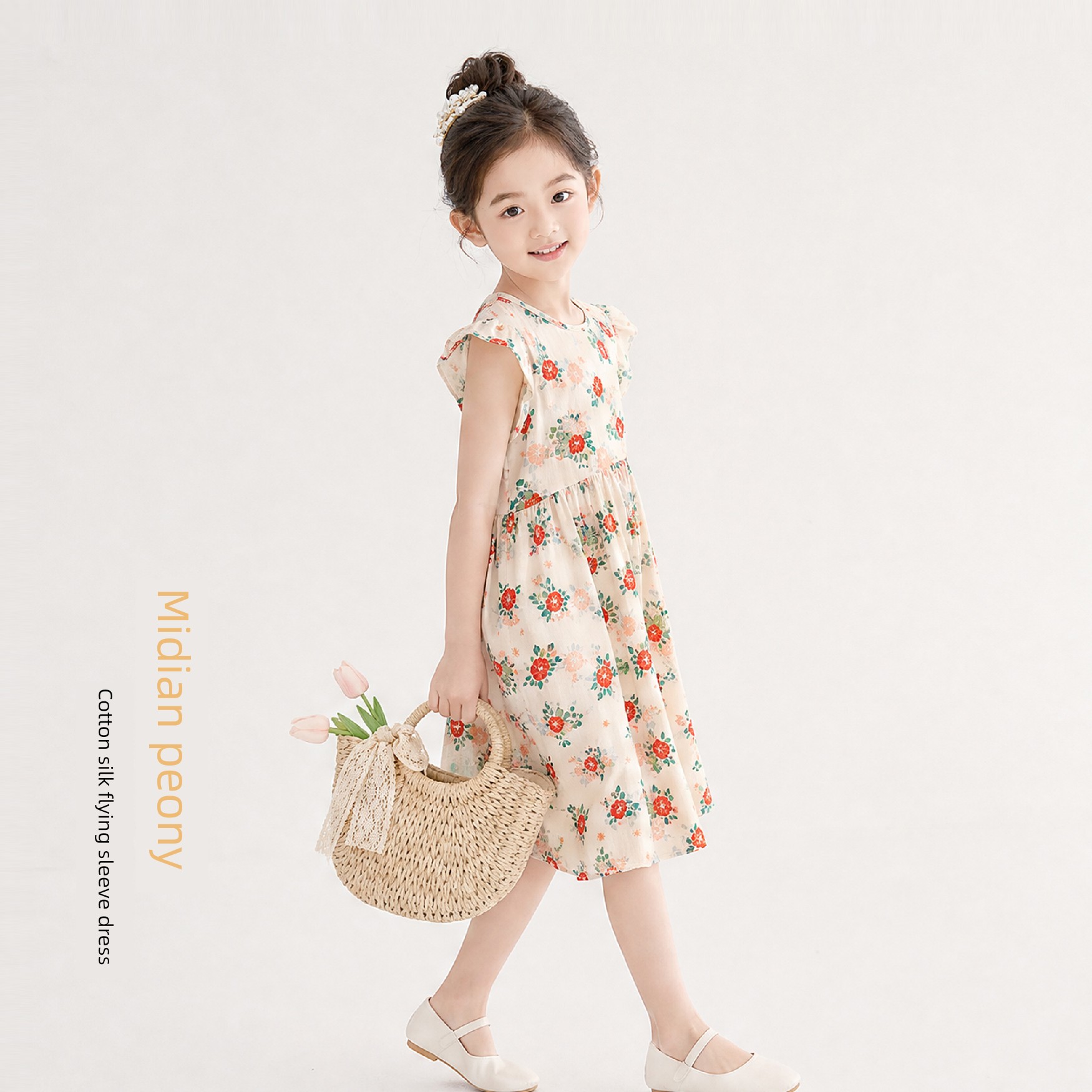 Summer Flying Sleeve Floral Children's Noil Poplin Dress — 7