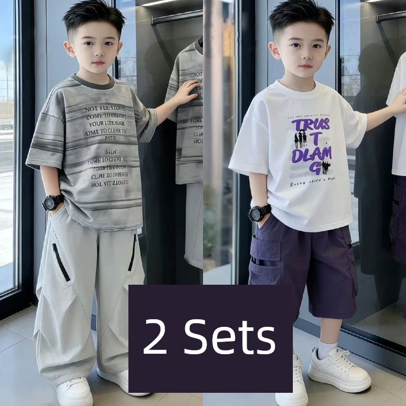Boys' Short-Sleeve T-Shirt Set 2026 New Trendy Street Style Cool Children's Summer Outfit Boys' Clothing Big Kids Summer Two-Piece Set — 5