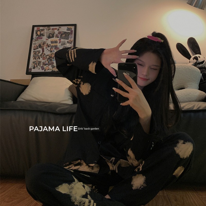Internet celebrity the republic of korea ins black female pure cotton lovers pajamas