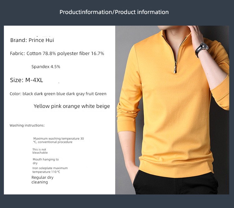 zipper Half height stand collar Autumn clothes man Long sleeve T-shirt