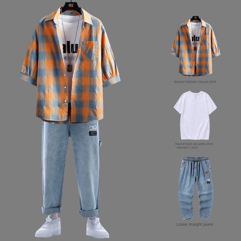 tide Short sleeve a set collocation Ruffian handsome lattice shirt
