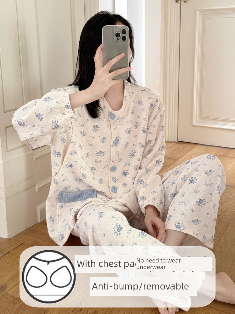Spring, Autumn, and Winter Maternity Pajamas with Chest Pads, Thickened Air Cotton, No Need to Wear Underwear, Layered Maternity Sleepwear with Hood Set — 2