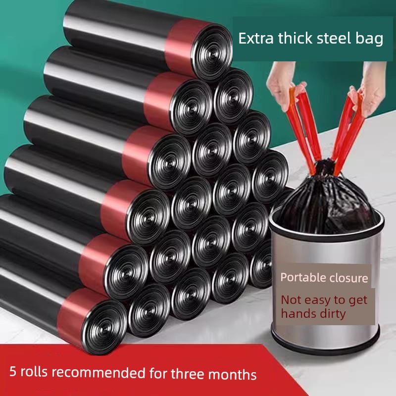 Drawstring Garbage Bags for Home Use, Thickened, with Handles, for Kitchen and Dormitory Use, Large Black Plastic Bags with Pull-Tab Closure